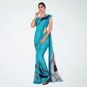 Turquoise Women's Premium Italian Silk Digital Print Female Uniform Sarees With Blouse Piece