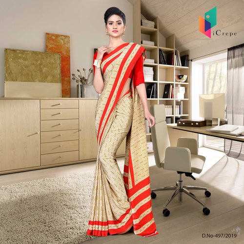 Off White And Red Italian Crepe Silk Office Uniform Saree