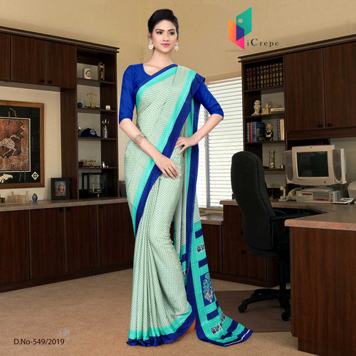 Off White And Blue Italian Crepe Silk Handloom Uniform Saree