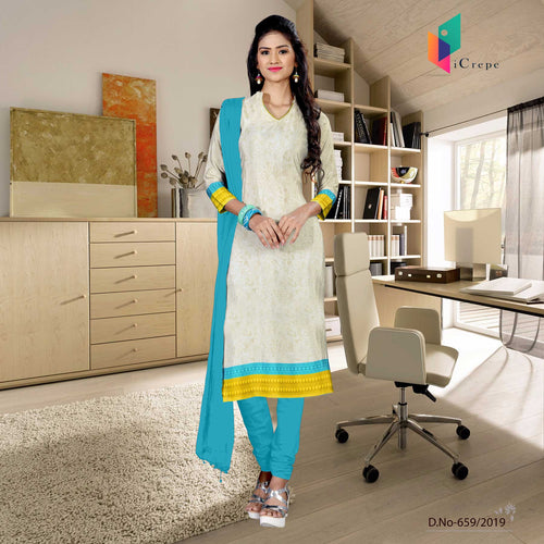 Off White And Blue Italian Crepe Silk Teachers Uniform Salwar Kameez