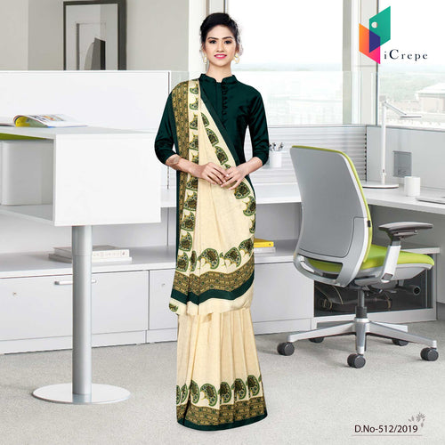 Off White And Bottle Green Italian Crepe Silk House Keeping Uniform Saree