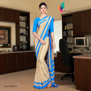 Off White And Blue Italian Crepe Silk Teachers Uniform Saree