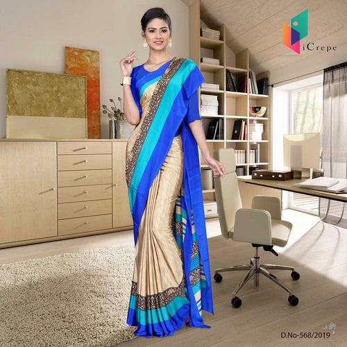Off White And Blue Italian Crepe Silk Institution Uniform Saree