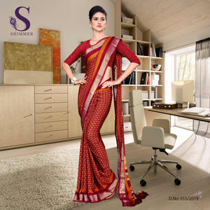 Maroon Red Silk Crepe Jaquard Border Showroom Uniform Sarees