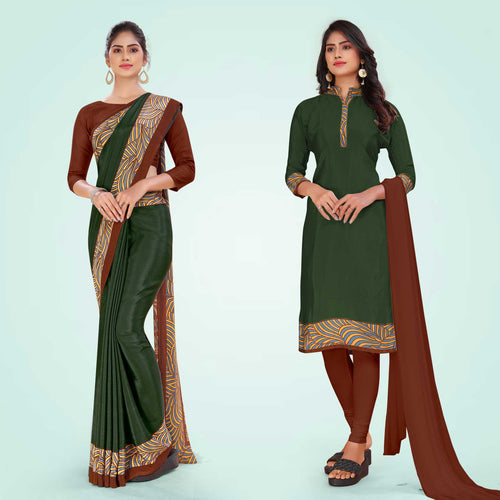 Navy Blue and Maroon Women's Premium Italian Silk Plain Gaala Border Office Uniform Saree Salwar Combo