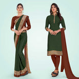 Mehandi and Brown Women's Premium Italian Silk Plain Gaala Border Nurses Uniform Saree Salwar Combo