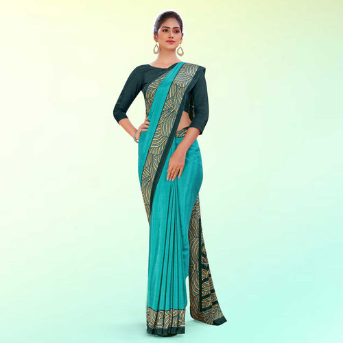 Turquoise and Botlle Green Women's Premium Italian Silk Plain Gaala Border School Teacher Uniform Saree