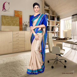 Beige And Blue Tripura Cotton School Uniform Saree