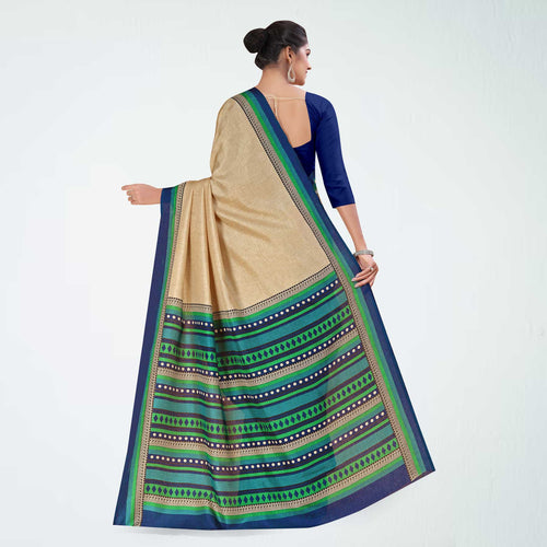 Beige and Bottle Green Women's Premium Manipuri Cotton Plain Gaala Border Front Office Uniform Saree