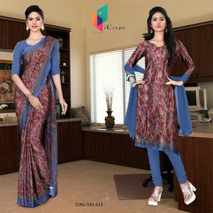 Brown and Gray Women's Premium Italian Silk Paisley Print College Uniform Sarees Salwar Combo