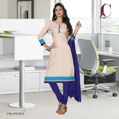 Beige With Navy Blue Border Women's Premium Tripura Cotton Worker Uniform Salwar Kameez