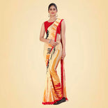 Turquoise Women's Premium Italian Silk Digital Print Female Uniform Sarees With Blouse Piece