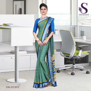 Green Turquoise Silk Crepe Jaquard Border College Uniform Sarees