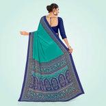 Turquoise and Navy Blue Women's Premium Italian Silk Plain Gaala Border Women's Uniform Saree