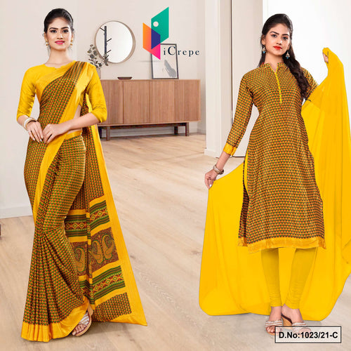 Gold Yellow Women's Premium Italian Silk Small Butty Uniform Sarees Salwar Combo For Institution Uniform