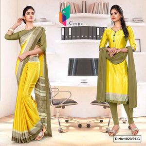 Yellow Beige Women's Premium Silk Chiffon Small Butty Uniform Sarees Salwar Combo For Teachers Uniform