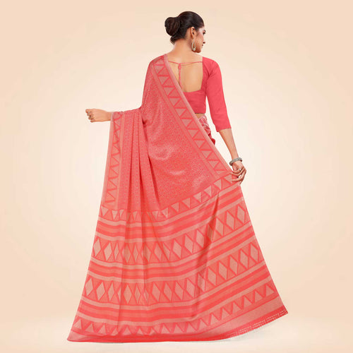 Yellow Women's Premium Silk Chiffon Ikat Print School Uniform Saree