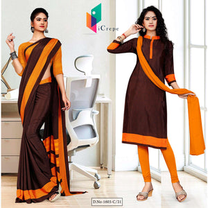 Coffee Orange Premium Italian Silk Crepe Saree Salwar Combo For Teachers Uniform