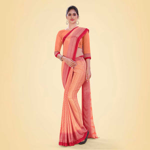 Peach and Red Women's Premium Silk Chiffon Small Butty School Teacher Uniform Saree