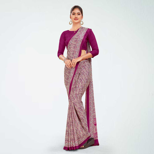 Wine Women's Premium Italian Silk Ikat Print Anganwadi Uniform Saree