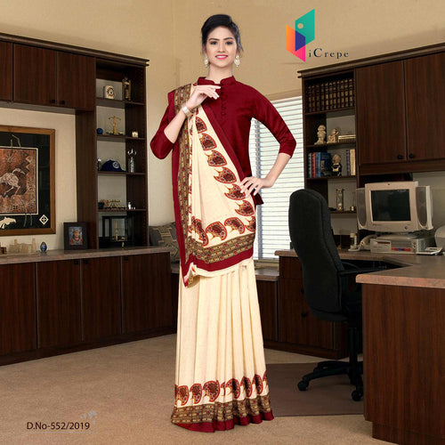 Off White And Red Italian Crepe Silk Hospital Uniform Saree