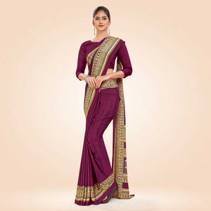 Wine and Beige Women's Premium Italian Silk Plain Gaala Border Showroom Staff Uniform Saree