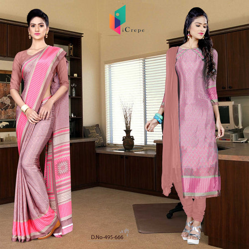Onion Pink and Pink Women's Premium Italian Silk Eyecatchers Institute Uniform Sarees Salwar Combo