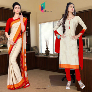 Cream and Red Women's Premium Italian Silk Discipline Day School Teachers Uniform Sarees Salwar Combo