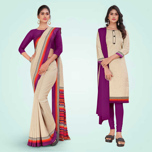 Beige and Purple Women's Premium Manipuri Cotton Plain Gaala Border School Uniform Saree Salwar Combo