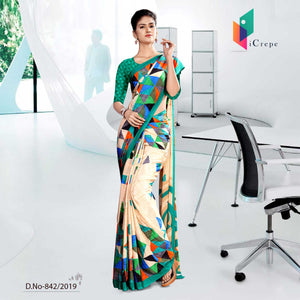 Beige And Green Icrepe Corporate Uniform Saree