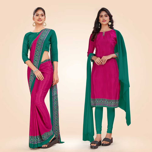 Magenta pink and Leaf Green Women's Premium Italian Silk Plain Gaala Border Front Office Uniform Saree Salwar Combo