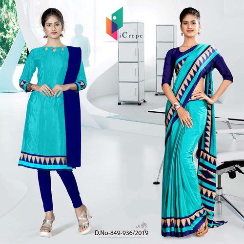 Turquoise and Navy Blue Women's Premium Italian Silk Plain Gala Border Uniform Sarees Salwar Combo For Office Staff