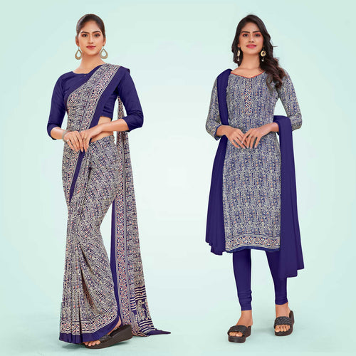 Wine Women's Premium Italian Silk Ikat Print Anganwadi Uniform Saree Salwar Combo