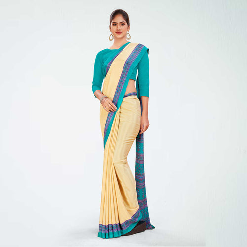 Beige and Turquoise Women's Premium Italian Silk Discipline Day Anganwadi Uniform Saree