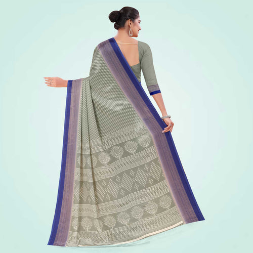 Grey and Navy Blue Women's Premium Silk Chiffon Small Butty Institution Uniform Saree