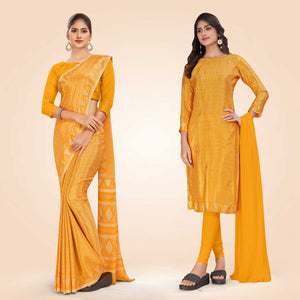 Yellow Women's Premium Silk Chiffon Ikat Print School Uniform Saree Salwar Combo