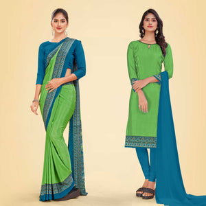 Pistachio and Turquoise Women's Premium Italian Silk Plain Gaala Border Resort Uniform Saree Salwar Combo