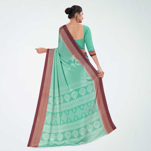 Aqua Green and Crimson Pink Women's Premium Silk Chiffon Small Butty College Uniform Saree