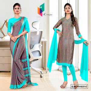 Brown Sea Green Women's Premium Italian Silk Small Butty Uniform Sarees Salwar Combo For Staff Uniform