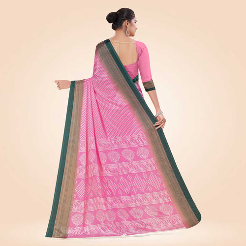 Peach and Red Women's Premium Silk Chiffon Small Butty School Teacher Uniform Saree
