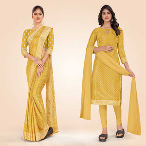 Yellow Women's Premium Silk Chiffon Small Butty College Uniform Saree Salwar Combo