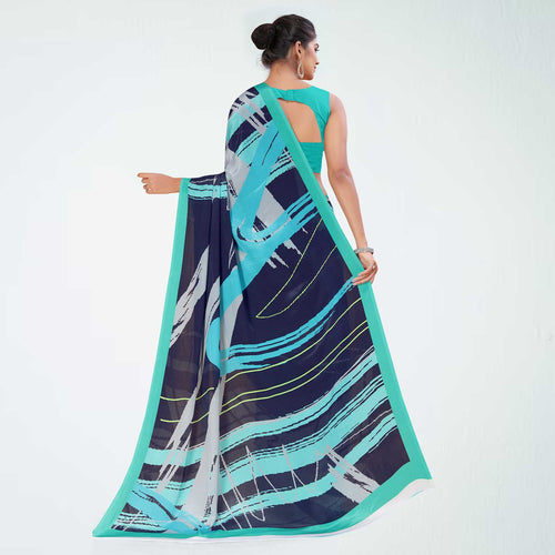 Grey and Turquoise Women's Premium Italian Silk Digital Print Uniform Sarees for School Teacher With Blouse Piece