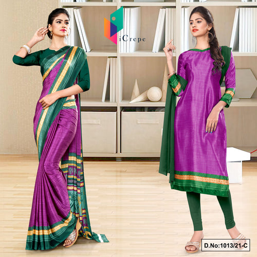 Wine Bottle Green Women's Premium Silk Chiffon Discipline Day Uniform Sarees Salwar Combo For Industrial Uniform