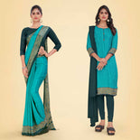 Navy Blue and Maroon Women's Premium Italian Silk Plain Gaala Border Office Uniform Saree Salwar Combo