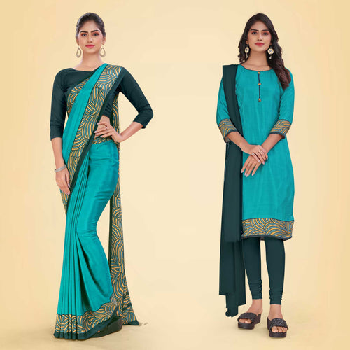 Mehandi and Botlle Green Women's Premium Italian Silk Plain Gaala Border Industrial Uniform Saree Salwar Combo