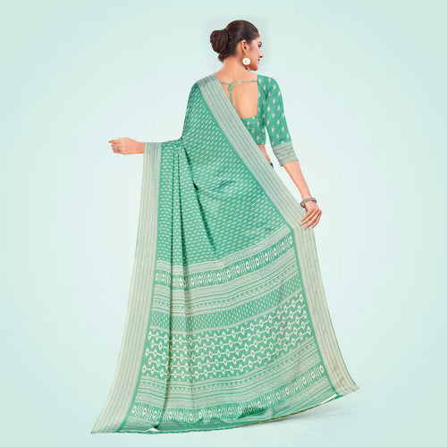 Green Women's Premium Silk Chiffon Small Butty School Teacher Uniform Saree