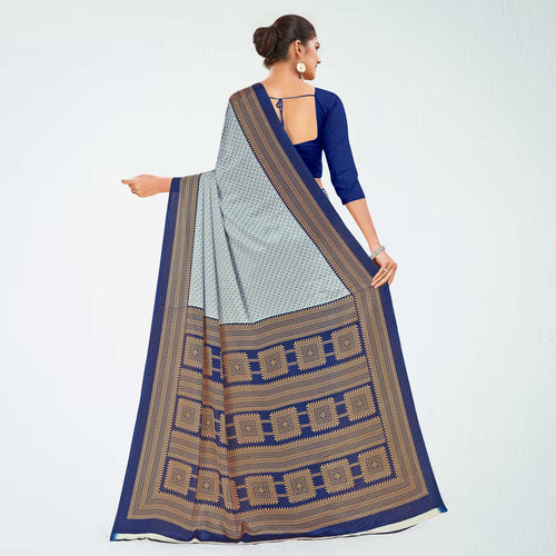 Blue and Navy Blue Women's Premium Silk Chiffon Small Butty School Uniform Saree