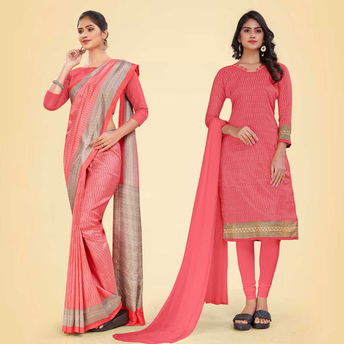 Pink and Grey Women's Premium Mulberry Silk Small Butty Showroom Staff Uniform Saree Salwar Combo