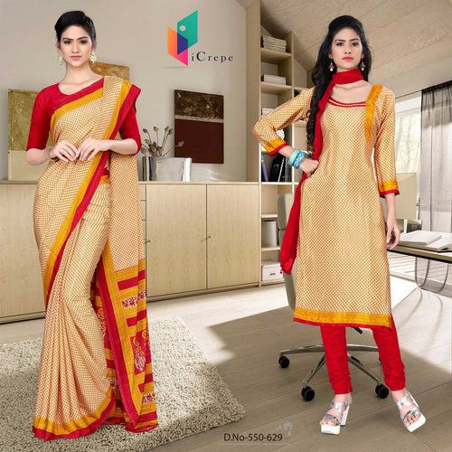 Musterd and Maroon Women's Premium Italian Silk Small Butty Jewellery Showroom Uniform Sarees Salwar Combo