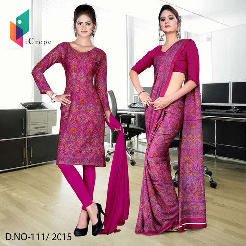 Magenta Women's Premium Italian Silk Paisley Print Air Hostess Uniform Sarees Salwar Combo